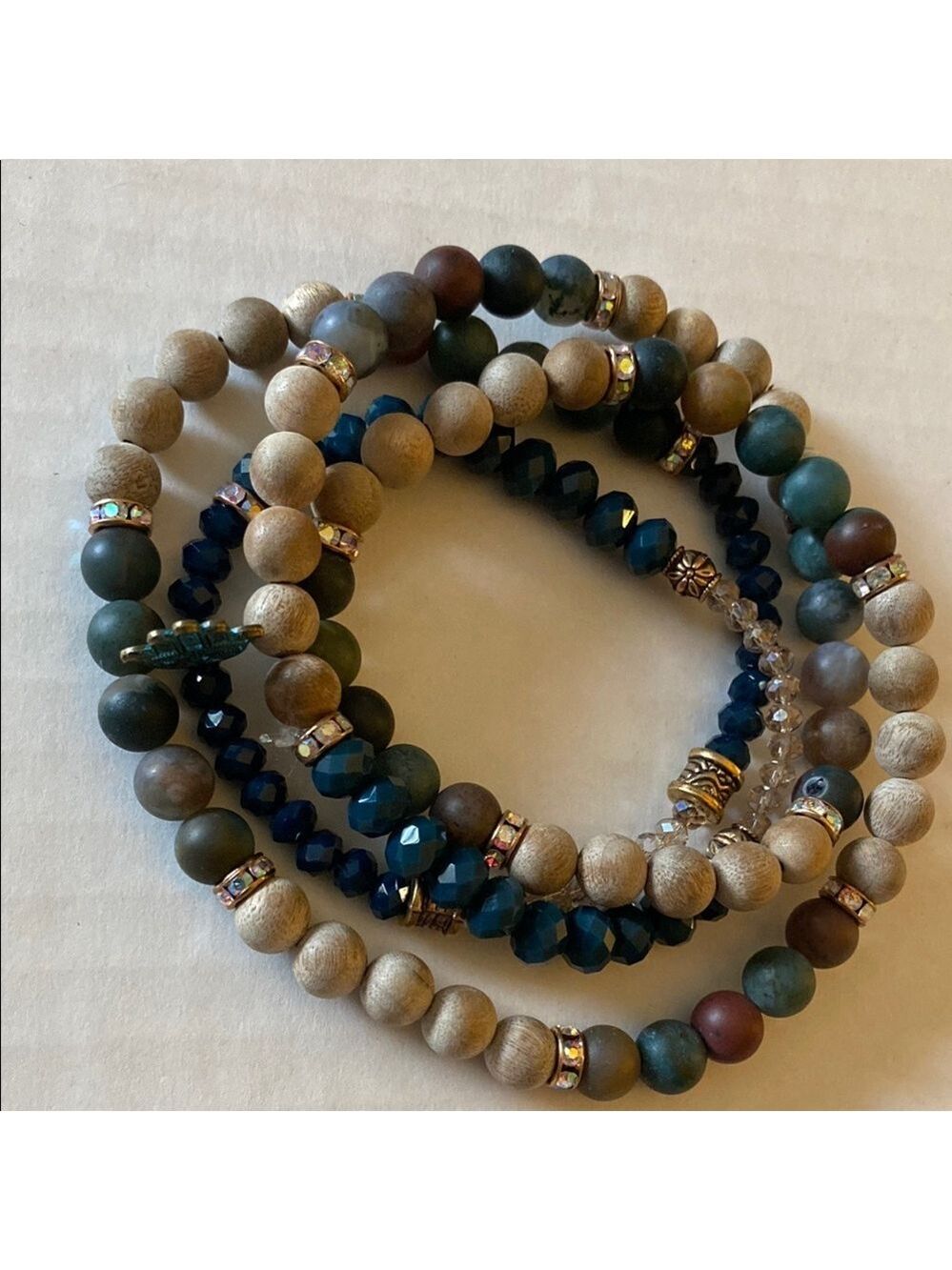 Hand Crafted Brown and Blue Necklace Bracelet with Multi-Strand Design